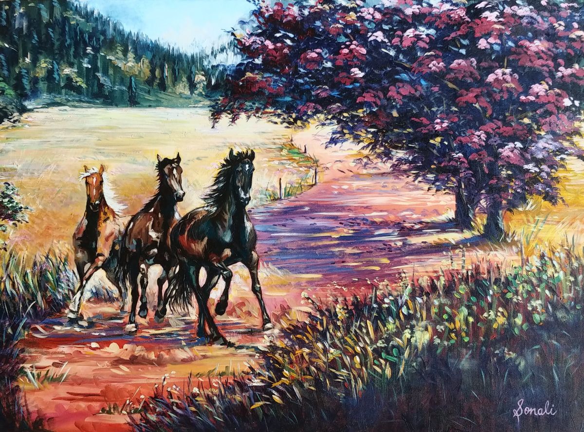 Galloping Stallions Painting