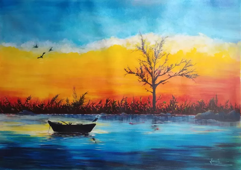 A Boat in Sunset Painting