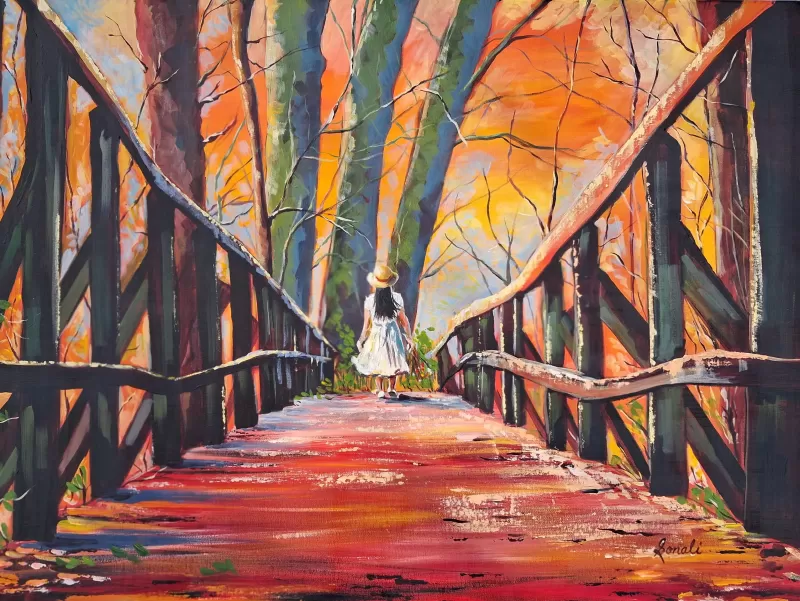 A Girl on the  Bridge Painting