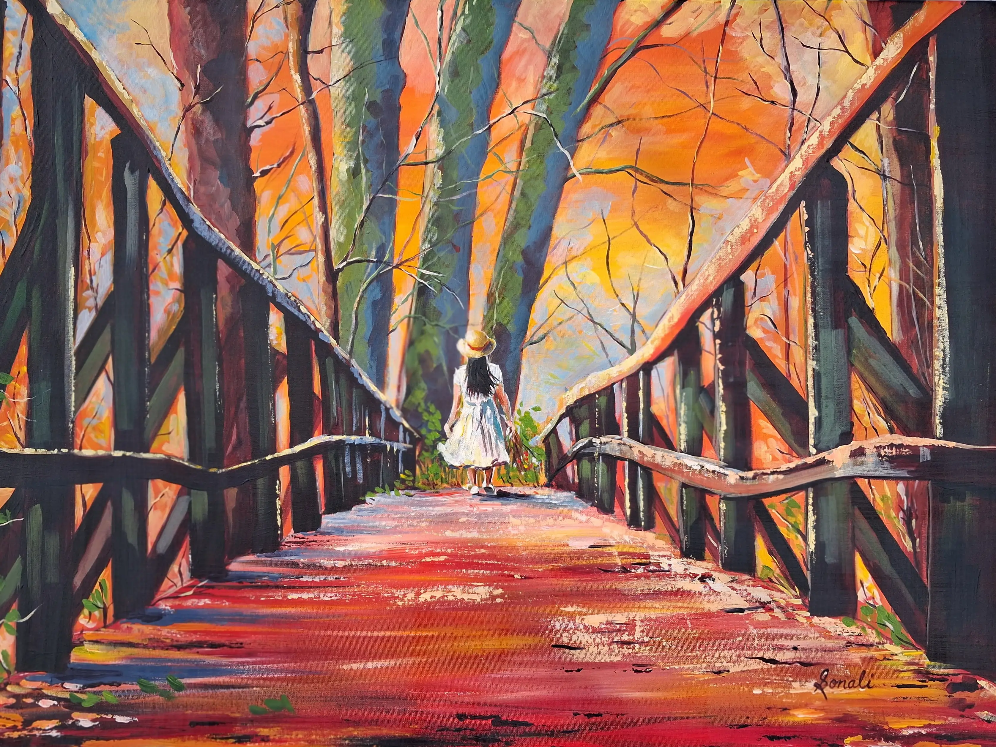 A Girl on the  Bridge Painting
